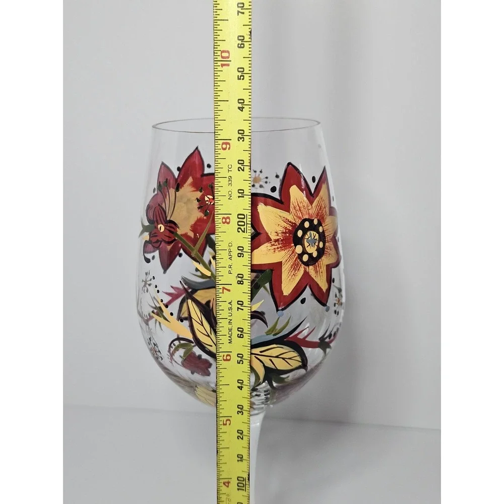Set of 2 Pier 1 Carynthum Wine Glasses Hand Painted Fall Floral Stemmed Goblets